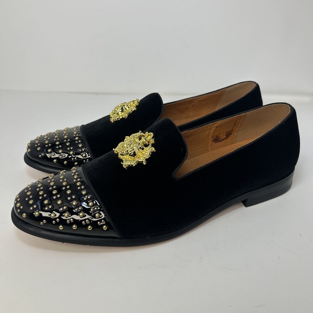 ELANROMAN Men's Velvet Loafers Black Gold Crest Studded Toe Size 13 EU 47 NWB